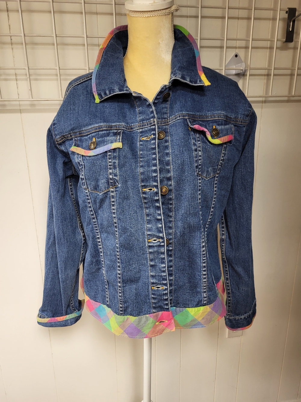 Women's Blue Denim Jacket with Multicolor Trim, Med